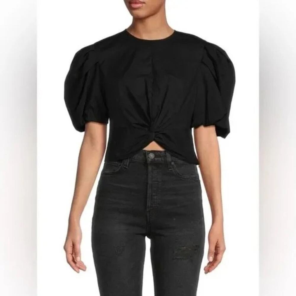 Vince Women's Puff Sleeve Twist Front Blouse M Black Cotton Casual Cropped Top